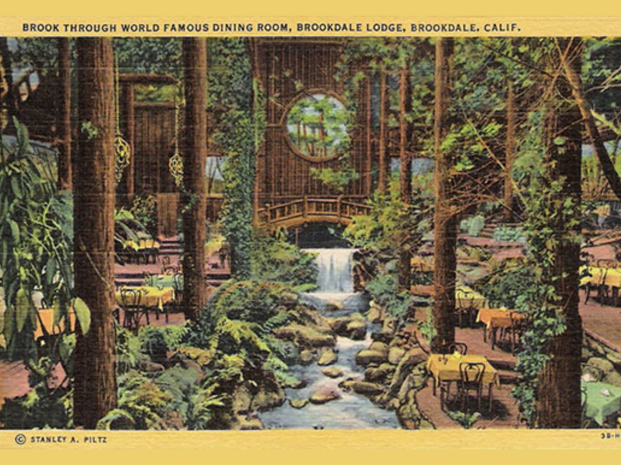 A vintage, brightly coloured photo that looks like a drawing depicting a dining room with cloth covered tables ranging over several tiers, with fake ivy covered trees towering over. Through the centre a stream is flowing