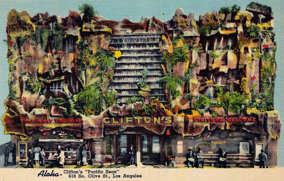 a vintage postcarde of Clifton's cafeteria with a facade featuring many organic balconies with fax palm trees and tropical foliage