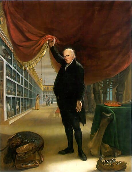Painting of a white man lifting a red velvet drape revealing a large exhibition hall