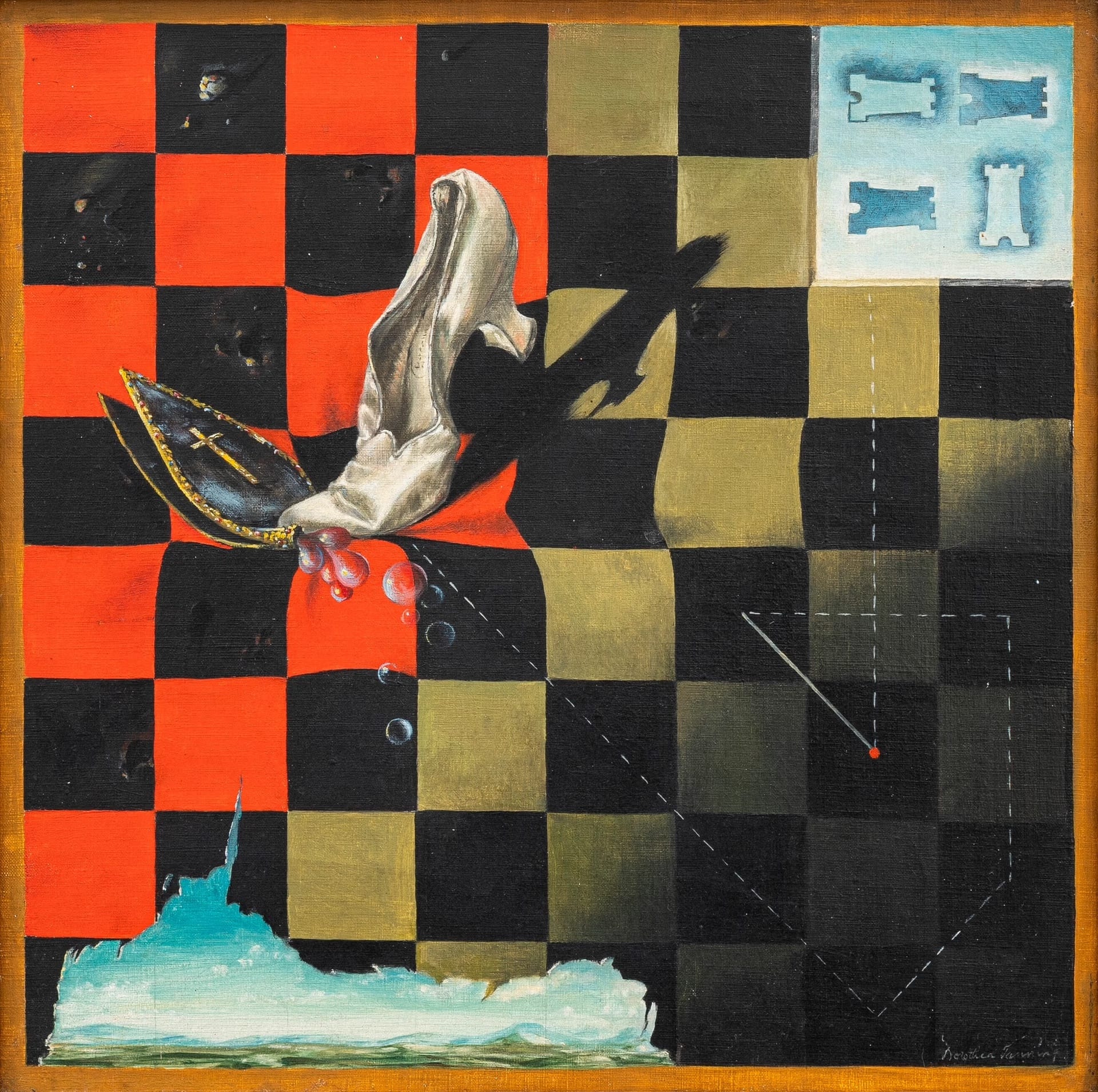 A painting of a chessboard with court shoe stomping a bishop's mitre
