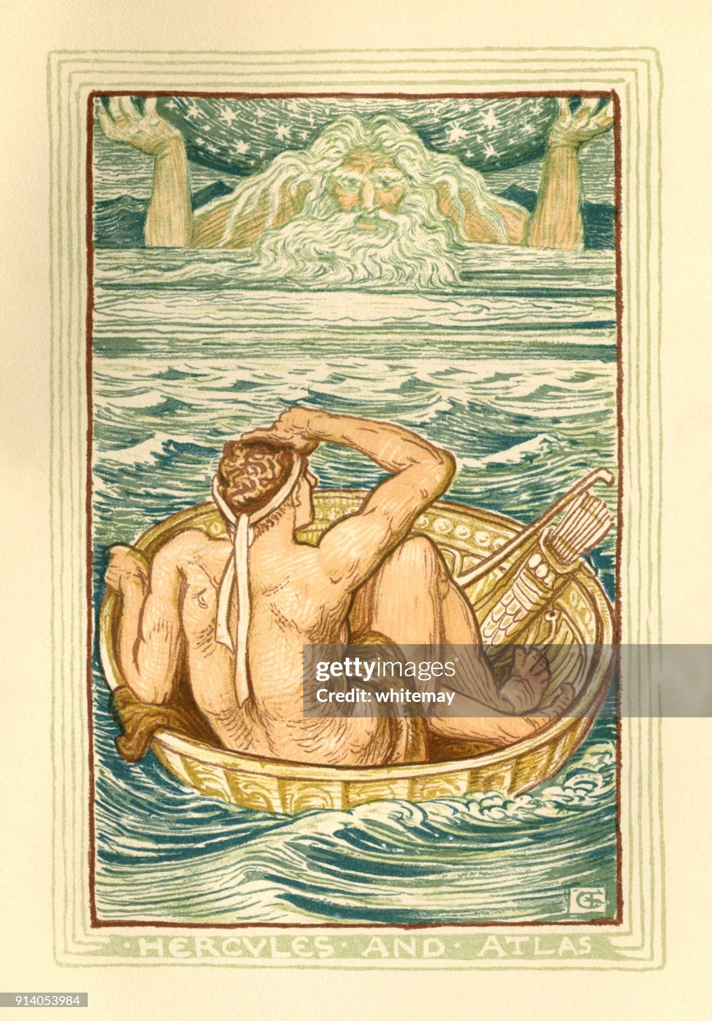 Storybook illustration of a man in a tiny round boat and a god like figure holding up the sky