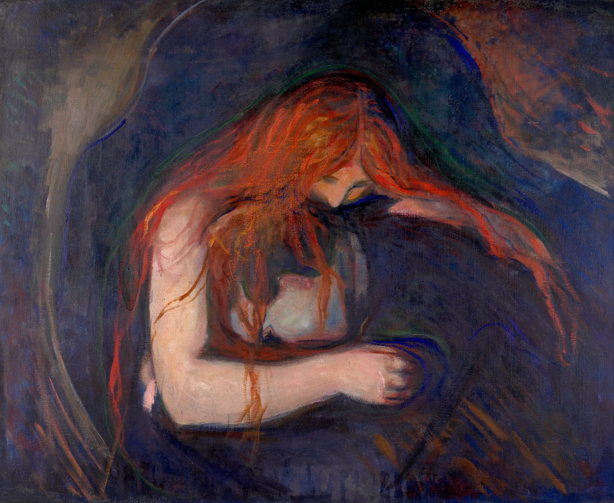 An painting of two figures, one naked enveloping over the other, grey skinned and suited with her long red hair.