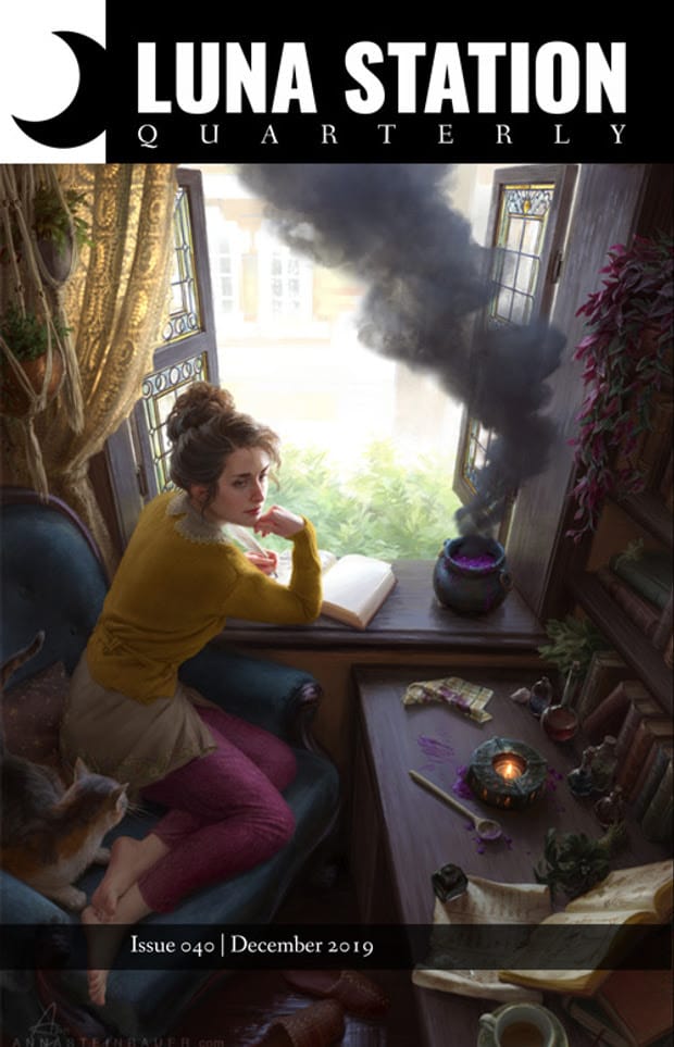 A magazine cover showing a young woman looking out a gothic window. She is brewing a potion on her desk