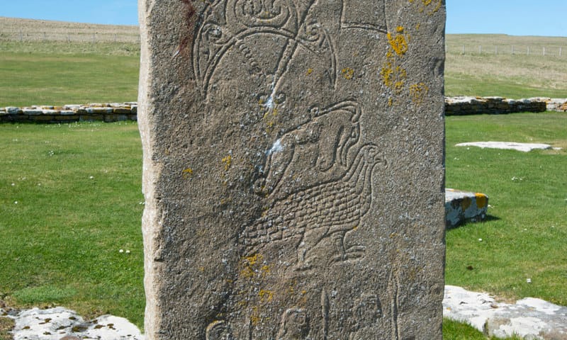 a carved stone stands upright in a green field with the ocean in the distance. Pictish symbols decorate the front