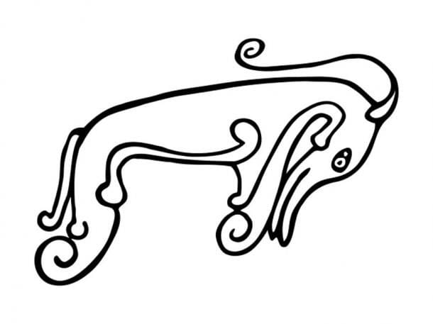 A black and white drawing of a mythical creature with curled 'fins' or legs and a long dragon like snout