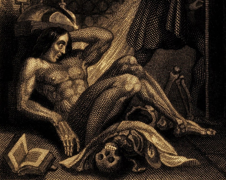 A cross hatched drawing of a muscular person with feminine features and long hair, on the floor with a skeleton and book