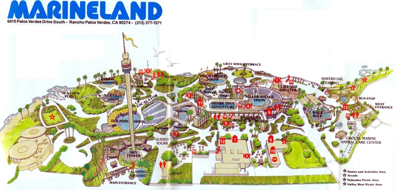 A map of a marine amusement park with several pools for captive animals and tier seats for audiences