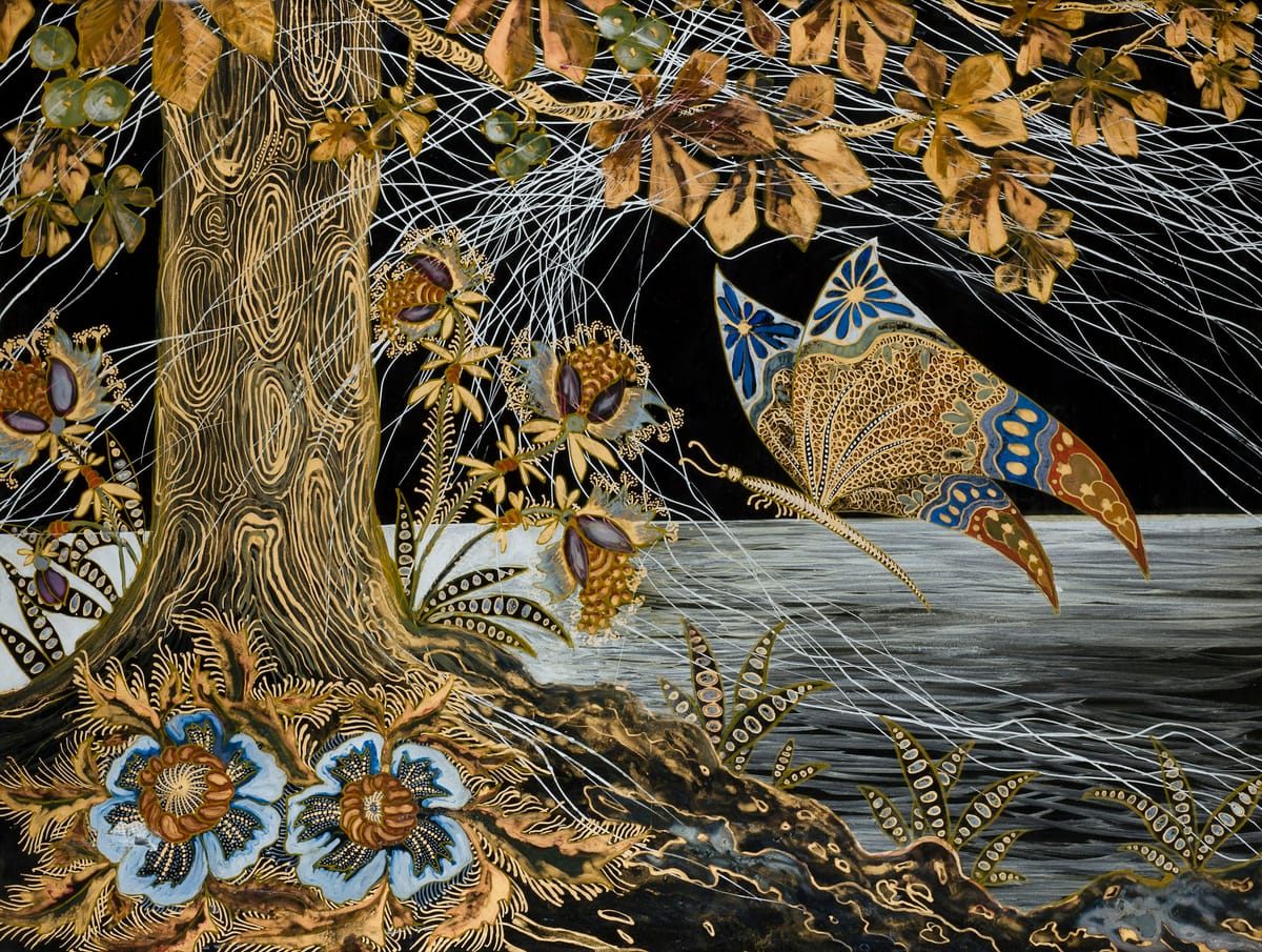 A graphic image of a night scene with a tree beside a moonlit lake. A butterfly floats in the air. All are surrounded or joined by white-web like lines