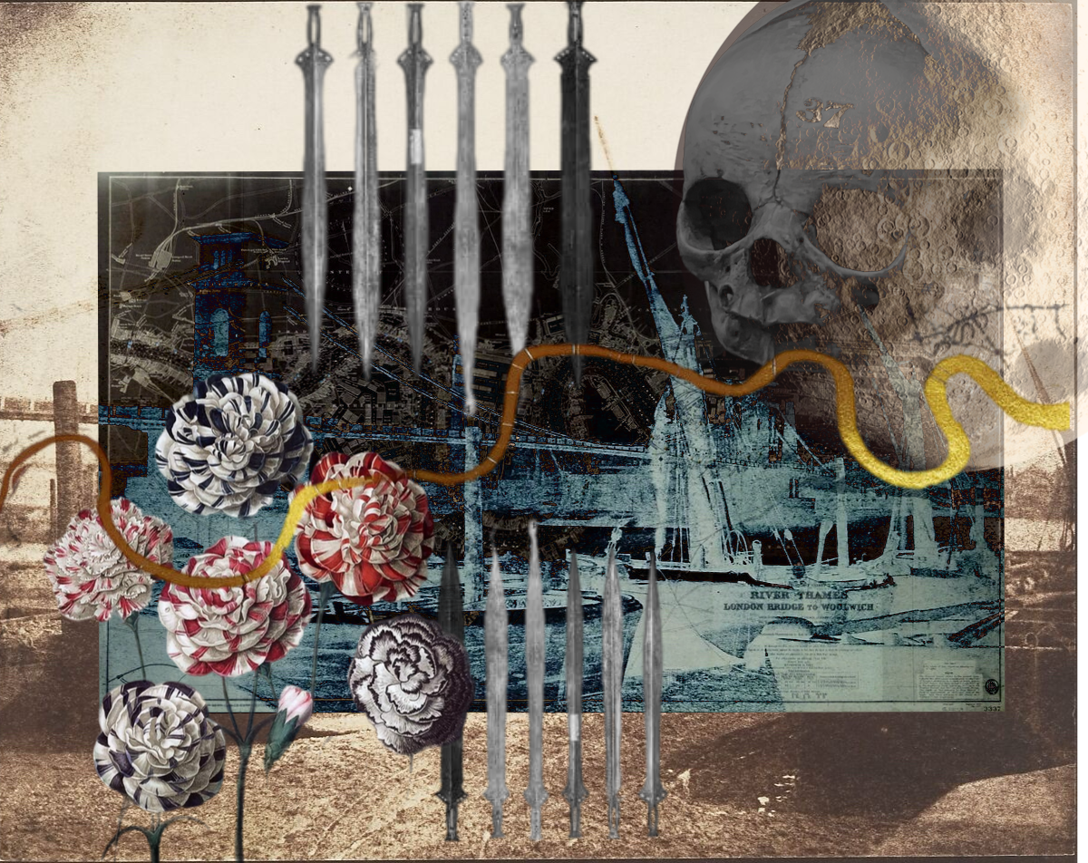 A digital collage of a full moon, skull, swords and an old photo of the Hungerford Bridge, with a gold River Thames over all like a mended seam