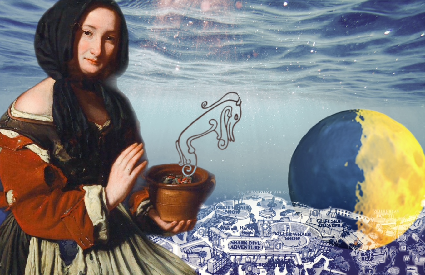 A digital collage of a paint of a woman in elegant rags holding a bowl, beneath the sea. A map of Marineland, a waxing moon and Pictish beast surround her