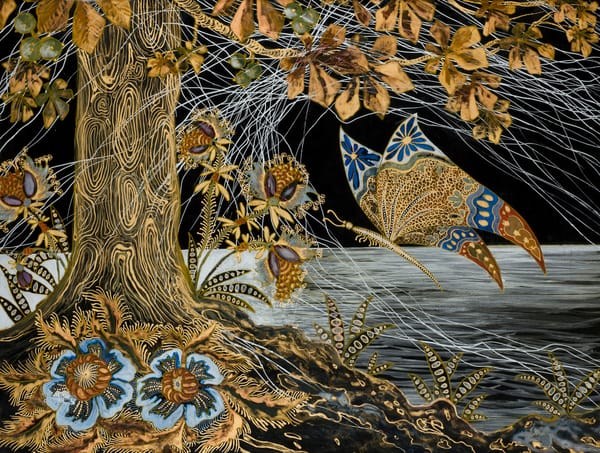 A graphic image of a night scene with a tree beside a moonlit lake. A butterfly floats in the air. All are surrounded or joined by white-web like lines