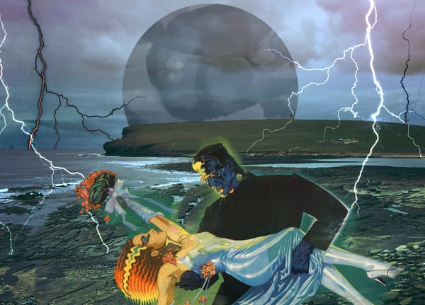 A digital collage with Birsay island in the background, Frankenstein's monster and bride with lots of lightning 
