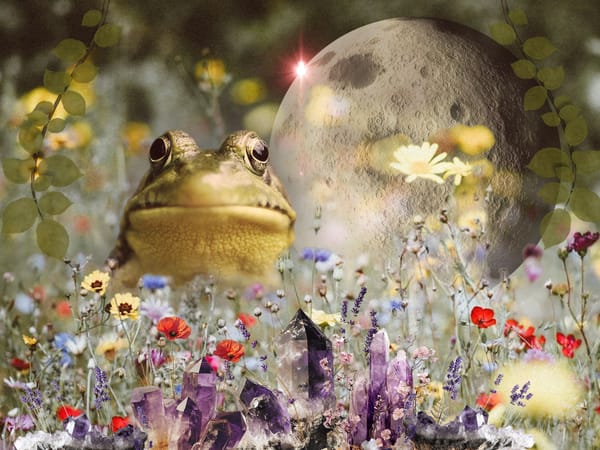 A digital collage of a wildflower garden, a frog, full moon and amethyst crystals