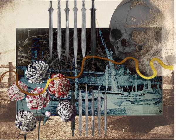 A digital collage of a full moon, skull, swords and an old photo of the Hungerford Bridge, with a gold River Thames over all like a mended seam