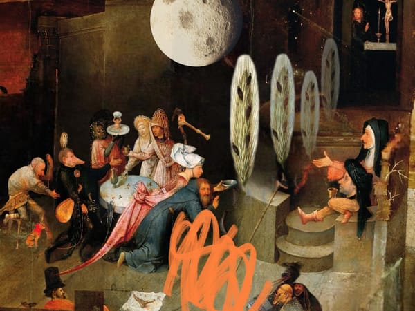 A digital collage using Hieronymus Bosch's Temptation of St. Anthony, images of ergot, a full moon and a bright orange squiggle.