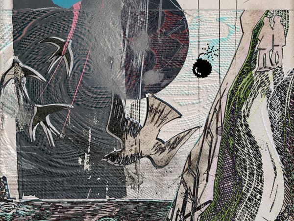 A digital collage of the cover illustration of the Salt Path--a lino cut of a couple on a cliff over the ocean with seabirds. 