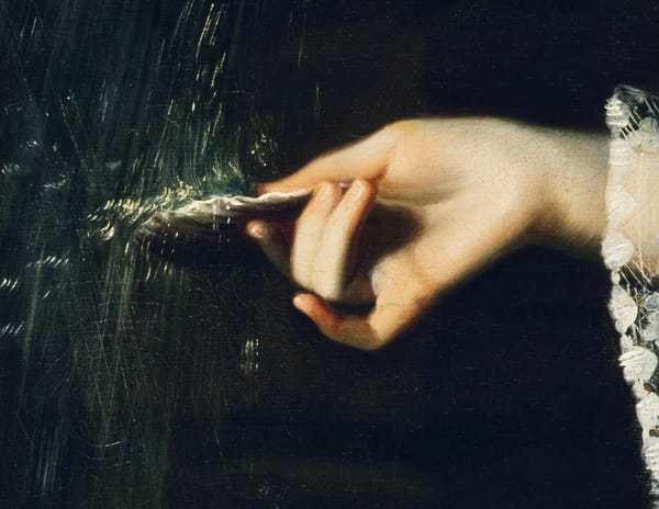 A painting of a feminine hand holding a shell. Salt or water is falling over it.  Around the wrist is anelaborate lace cuff. 